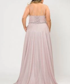 Poly USA Plus Size Plus Size Long V-Neck Metallic Glitter Dress By Poly USA W1048 Prom