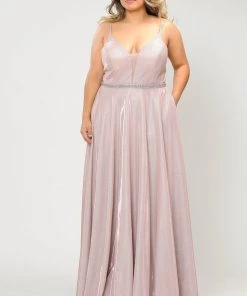Poly USA Plus Size Plus Size Long V-Neck Metallic Glitter Dress By Poly USA W1048 Prom