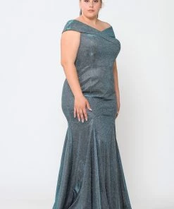 Poly USA Plus Size Plus Size Off Shoulder Glitter Mermaid Dress By Poly USA W1042
