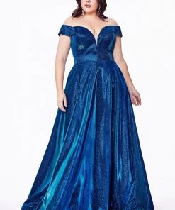 Plus Size Off Shoulder Metallic Gown By Cinderella Divine CD210C Prom
