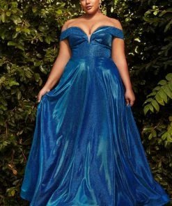 Plus Size Off Shoulder Metallic Gown By Cinderella Divine CD210C Prom
