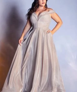 Plus Size Off Shoulder Metallic Gown By Cinderella Divine CD210C Prom