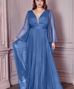 Prom Plus Size Pleated Bell Sleeve Gown By Cinderella Divine CD242C