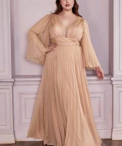 Prom Plus Size Pleated Bell Sleeve Gown By Cinderella Divine CD242C
