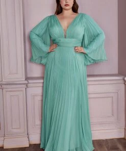 Prom Plus Size Pleated Bell Sleeve Gown By Cinderella Divine CD242C