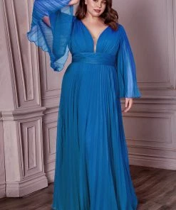 Prom Plus Size Pleated Bell Sleeve Gown By Cinderella Divine CD242C