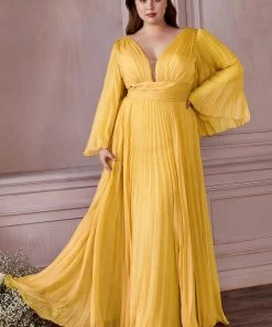 Prom Plus Size Pleated Bell Sleeve Gown By Cinderella Divine CD242C