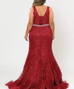 Poly USA Plus Size Prom Plus Size Sheer V-Neck Glitter Mermaid Dress By Poly USA W1092