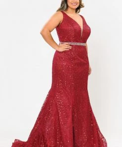 Poly USA Plus Size Prom Plus Size Sheer V-Neck Glitter Mermaid Dress By Poly USA W1092