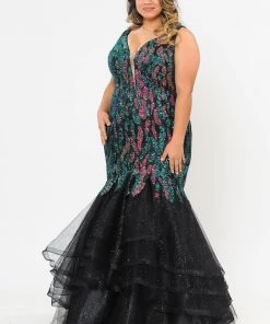 Poly USA Plus Size Plus Size Tiered Sequin Mermaid Dress By Poly USA W1072