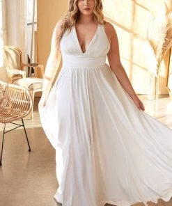 Plus Size White Satin V-Neck Gown By Cinderella Divine 7469WW