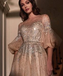 Prom Puff Mid-Sleeve Tulle Gown By Cinderella Divine B703 12 Prom Puff Mid-Sleeve Tulle Gown By Cinderella Divine B703