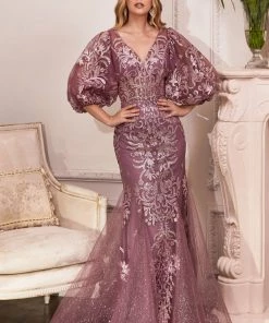 Puff Sleeve Glitter Gown By Cinderella Divine OC009 Prom