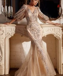 Puff Sleeve Glitter Gown By Cinderella Divine OC009 Prom