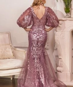 Puff Sleeve Glitter Gown By Cinderella Divine OC009 Prom