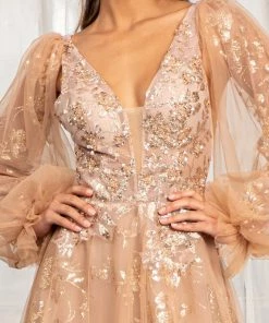 Puff Sleeve Glitter Print Gown By Elizabeth K GL3001 12 Puff Sleeve Glitter Print Gown By Elizabeth K GL3001