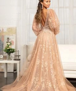 Puff Sleeve Glitter Print Gown By Elizabeth K GL3001