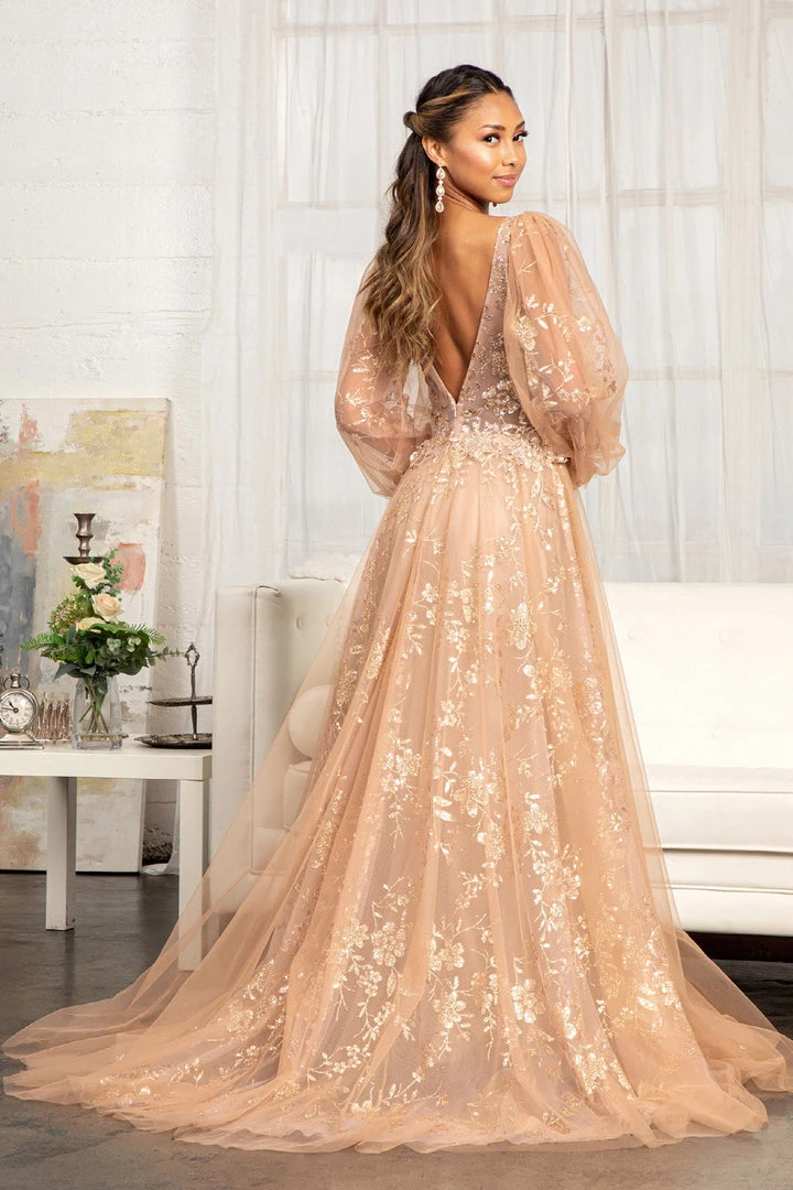 Puff Sleeve Glitter Print Gown By Elizabeth K GL3001 4 Puff Sleeve Glitter Print Gown By Elizabeth K GL3001