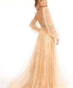 Puff Sleeve Glitter Print Gown By Elizabeth K GL3001 15 Puff Sleeve Glitter Print Gown By Elizabeth K GL3001