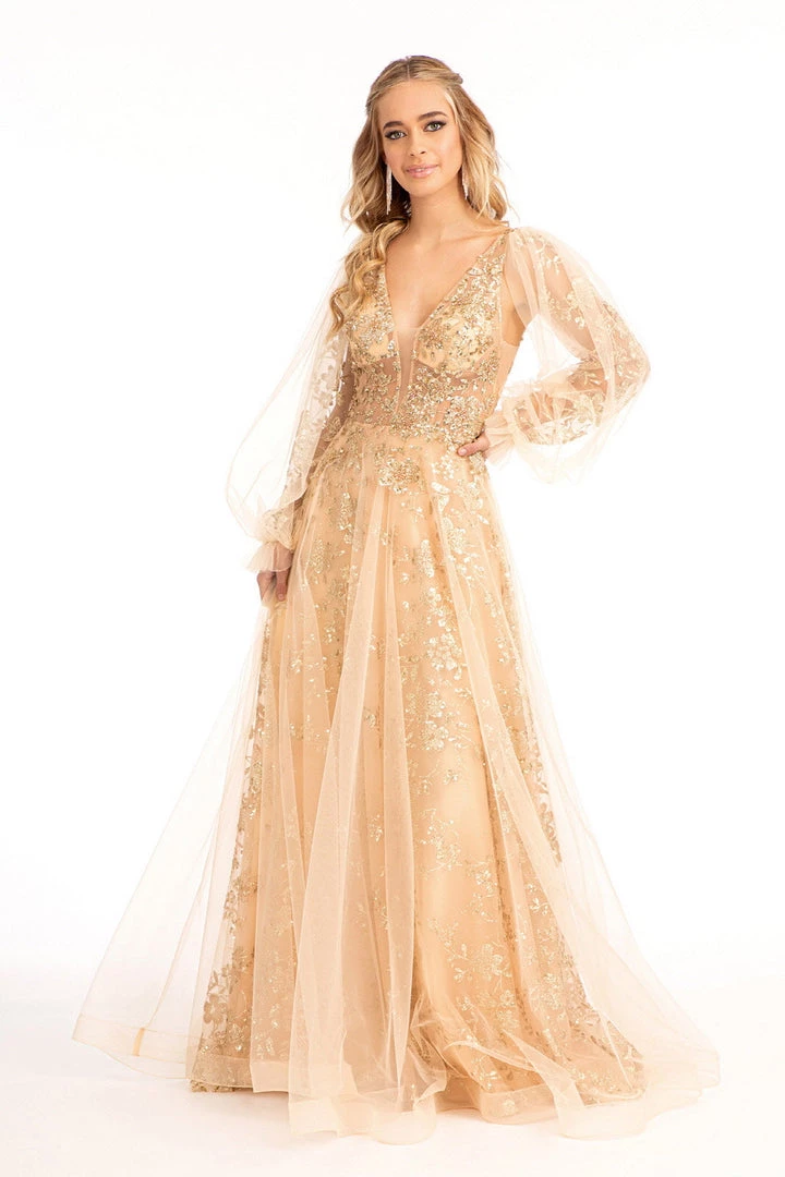 Puff Sleeve Glitter Print Gown By Elizabeth K GL3001 7 Puff Sleeve Glitter Print Gown By Elizabeth K GL3001