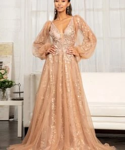 Puff Sleeve Glitter Print Gown By Elizabeth K GL3001