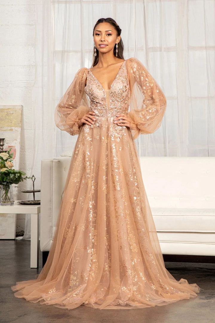 Puff Sleeve Glitter Print Gown By Elizabeth K GL3001 3 Puff Sleeve Glitter Print Gown By Elizabeth K GL3001