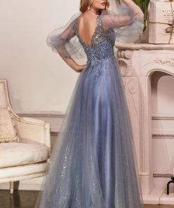 Prom Puff Sleeve Glitter Tulle Gown By Cinderella Divine CD0182