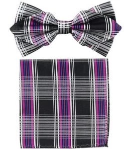 Vesuvio Napoli Purple Plaid Bow Tie With Pocket Square (Pointed Tip) Men