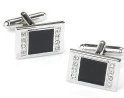 ABC Fashion Men Rectangle Silver Cufflinks With Black Slate And Crystals