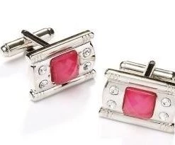 ABC Fashion Rectangle Silver Cufflinks With Pink Stone And Crystals