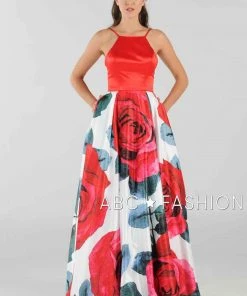 Red Floral Print Long Dress With Side Pockets By Poly USA 8274