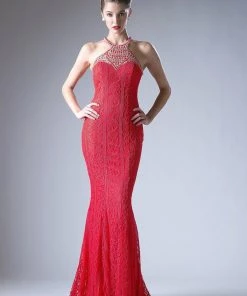 Red Long Fitted Halter Lace Dress By Cinderella Divine 13729