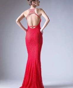 Red Long Fitted Halter Lace Dress By Cinderella Divine 13729