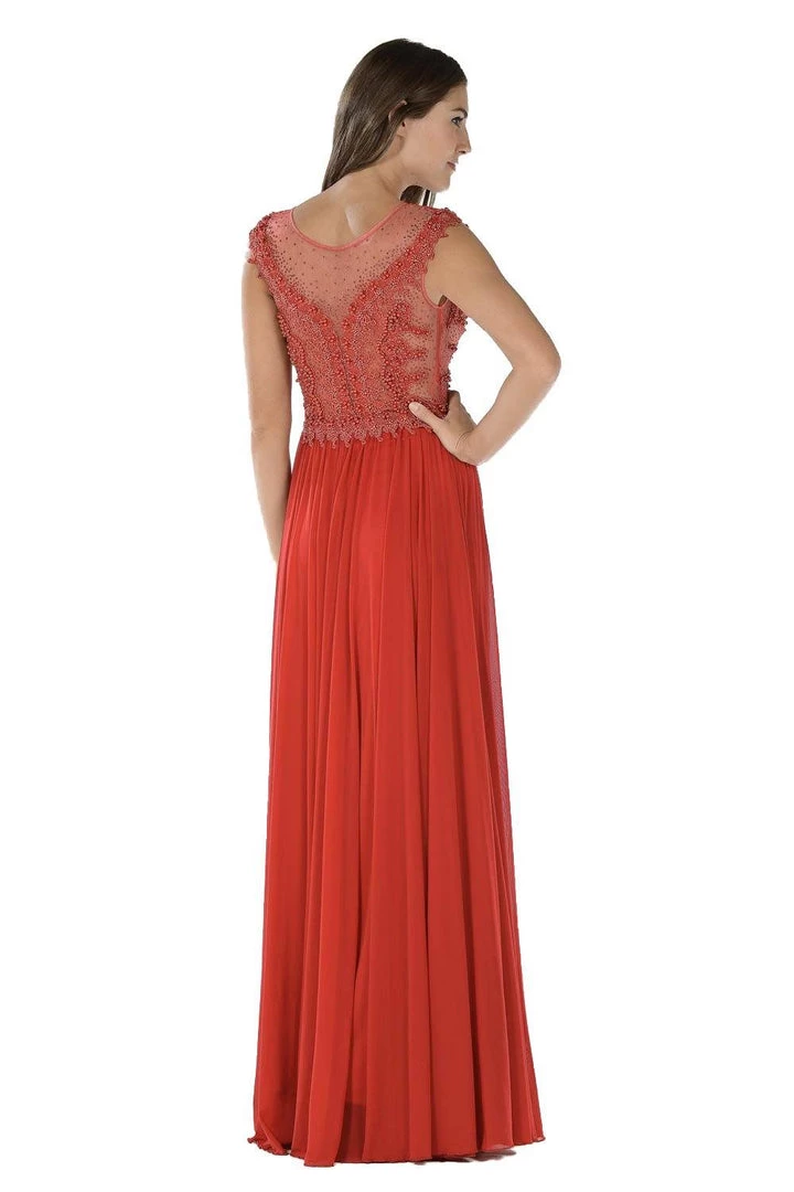 Red Long Illusion Dress With Beaded Bodice By Poly USA Prom 4 Red Long Illusion Dress With Beaded Bodice By Poly USA Prom