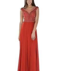 Red Long Illusion Dress With Beaded Bodice By Poly USA Prom