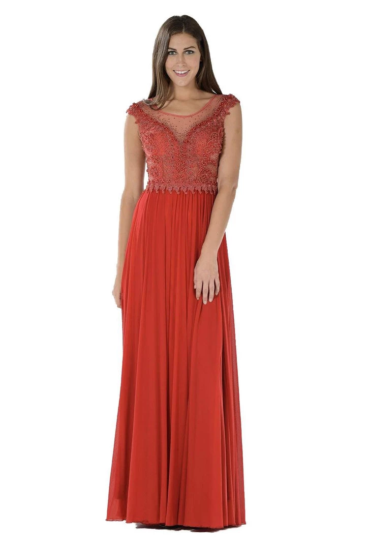 Red Long Illusion Dress With Beaded Bodice By Poly USA Prom 3 Red Long Illusion Dress With Beaded Bodice By Poly USA Prom