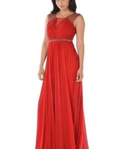 Prom Red Long Ruched Dress With Beaded Sheer Back By Poly USA