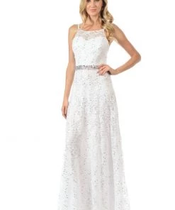 Lenovia Red Long Sequined Lace Dress With Lace Caplet