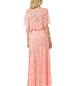 Lenovia Red Long Sequined Lace Dress With Lace Caplet