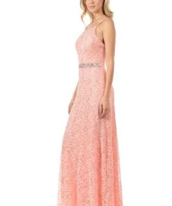 Lenovia Red Long Sequined Lace Dress With Lace Caplet