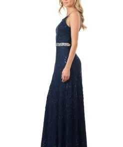 Lenovia Red Long Sequined Lace Dress With Lace Caplet