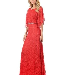 Lenovia Red Long Sequined Lace Dress With Lace Caplet