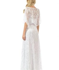 Lenovia Red Long Sequined Lace Dress With Lace Caplet