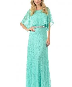 Lenovia Red Long Sequined Lace Dress With Lace Caplet