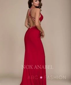 Red Long V-Neck Dress With Sheer Cutouts By Nox Anabel E037