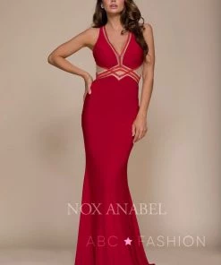 Red Long V-Neck Dress With Sheer Cutouts By Nox Anabel E037
