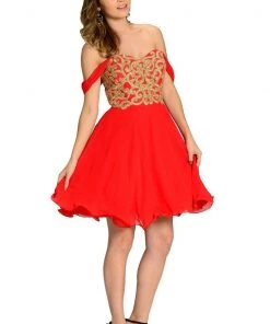 Prom Red Short Appliqued Off The Shoulder Dress By Poly USA