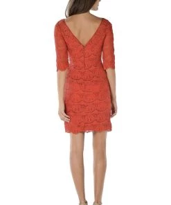 Prom Red Short Bodycon Lace Dress With Mid-Sleeves By Poly USA