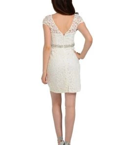 Red Short Cap Sleeve Lace Dress With Beaded Waist By Poly USA Prom 13 Red Short Cap Sleeve Lace Dress With Beaded Waist By Poly USA Prom