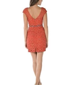 Red Short Cap Sleeve Lace Dress With Beaded Waist By Poly USA Prom